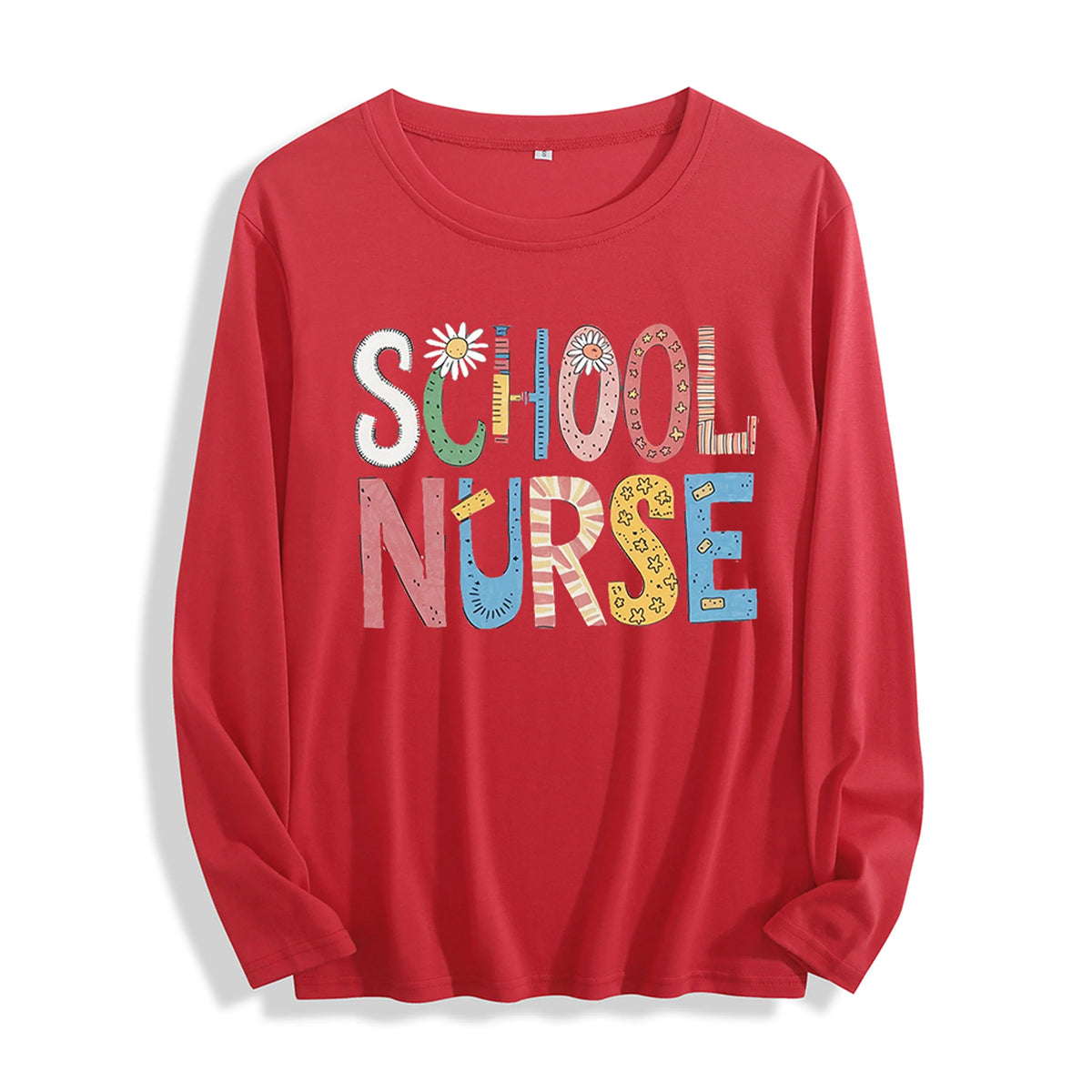 100% Cotton "School Nurse Colorful Patchwork Graphic" Long - Sleeve T - Shirt, Multi - Colors Good Vibrations