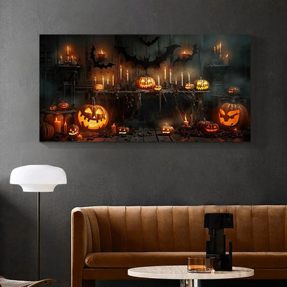 Spooky Halloween Scene Canvas Wall Art: Pumpkins, Bats & Candles Ideal Seasonal Spooky Decor Perfect for Halloween Home Decor Good Vibrations