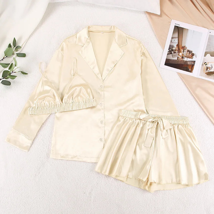 Enyami Elegant Spring Autumn Sexy Fashion Romantic Pajama 3 Piece Bra Blouse Shorts Satin Sleepwear Women Set Good Vibrations