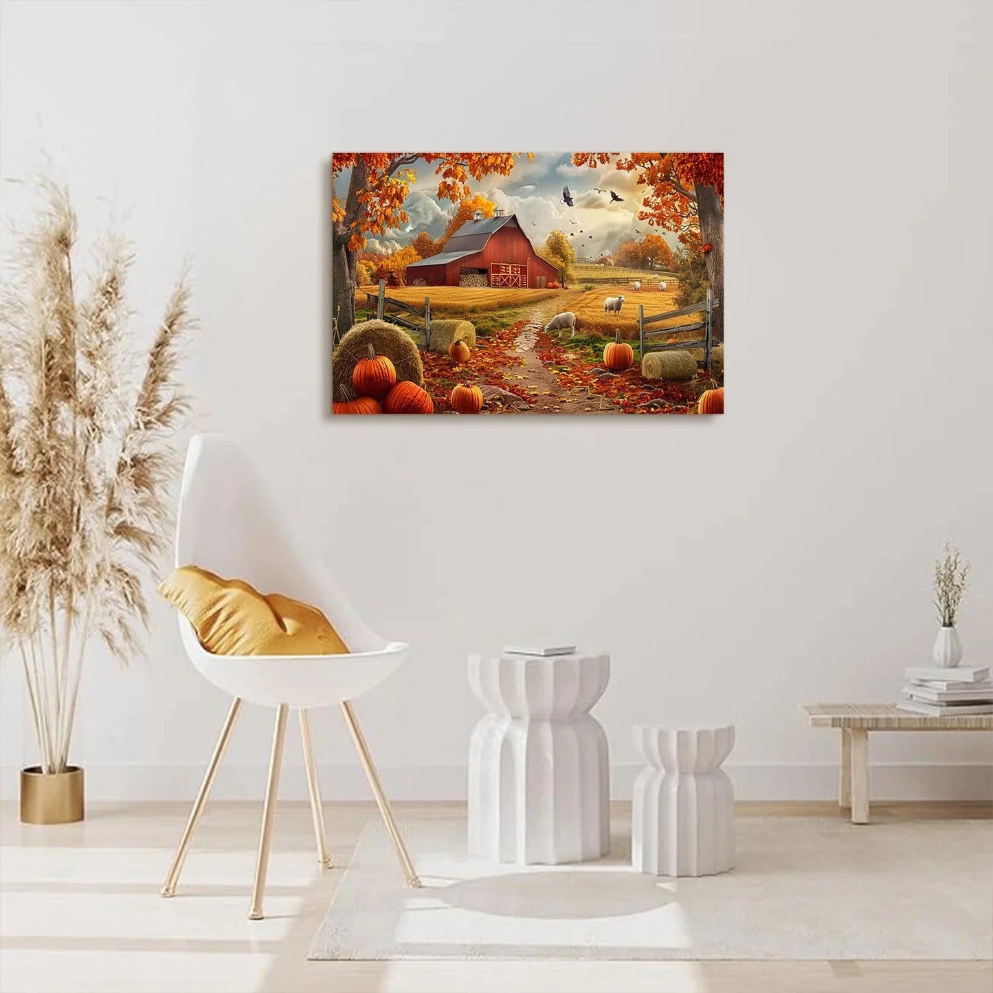 Looife Autumn Farmhouse Canvas Wall Art - Red Barn, Pumpkins & Fall Foliage Scene, Rustic Country Home Decor Good Vibrations