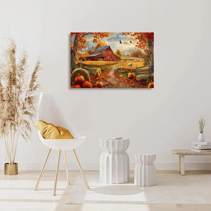 Looife Autumn Farmhouse Canvas Wall Art - Red Barn, Pumpkins & Fall Foliage Scene, Rustic Country Home Decor Good Vibrations