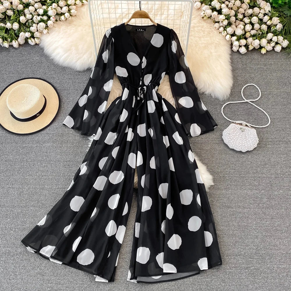 Flared Sleeve Polka Dot Print V-Neck Wide Leg Good Vibrations