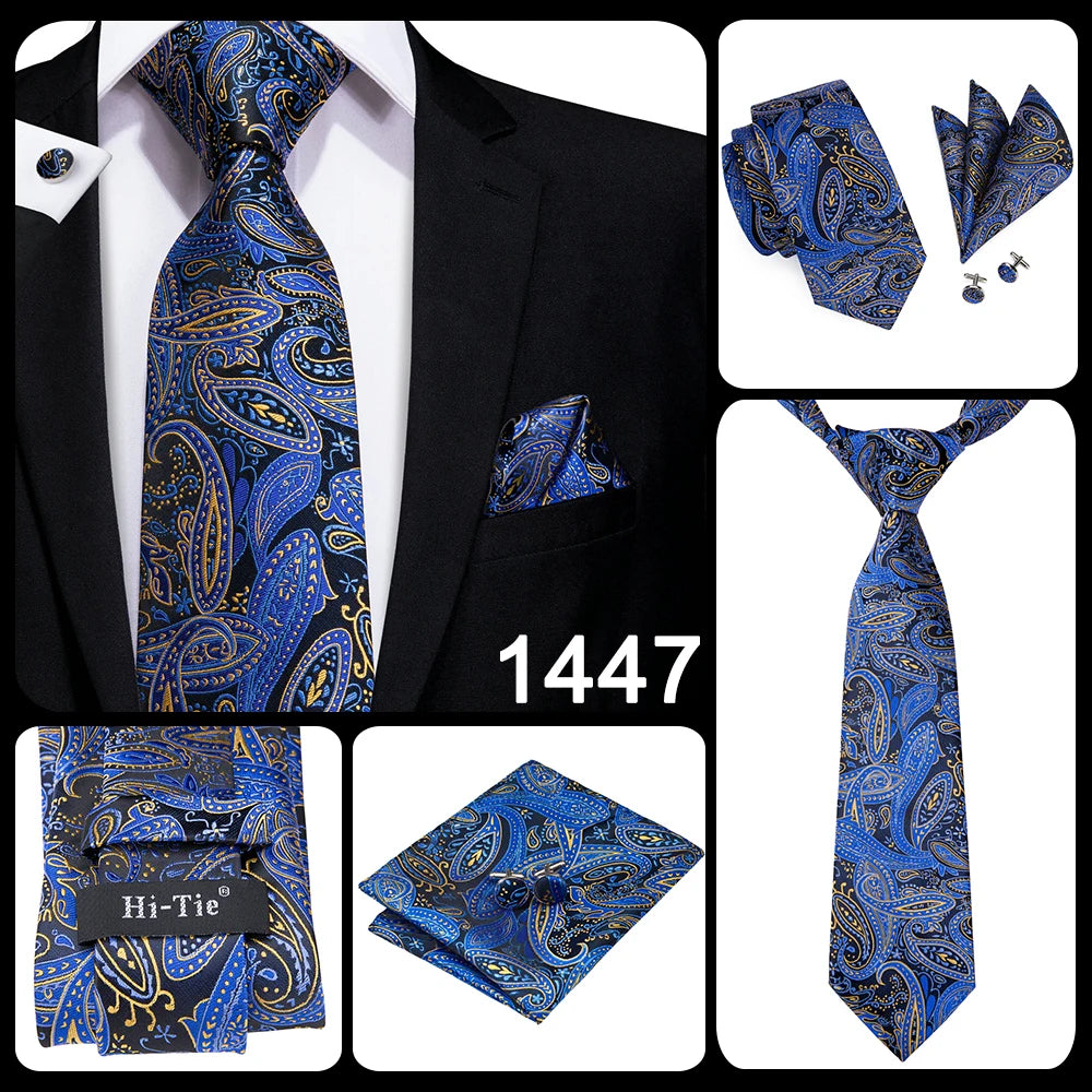 Hi-Tie Navy Blue Solid Paisley Silk Wedding Tie For Men Hanky Cufflink Mens Necktie Set Business Party New Design Dropshipping Good Vibrations