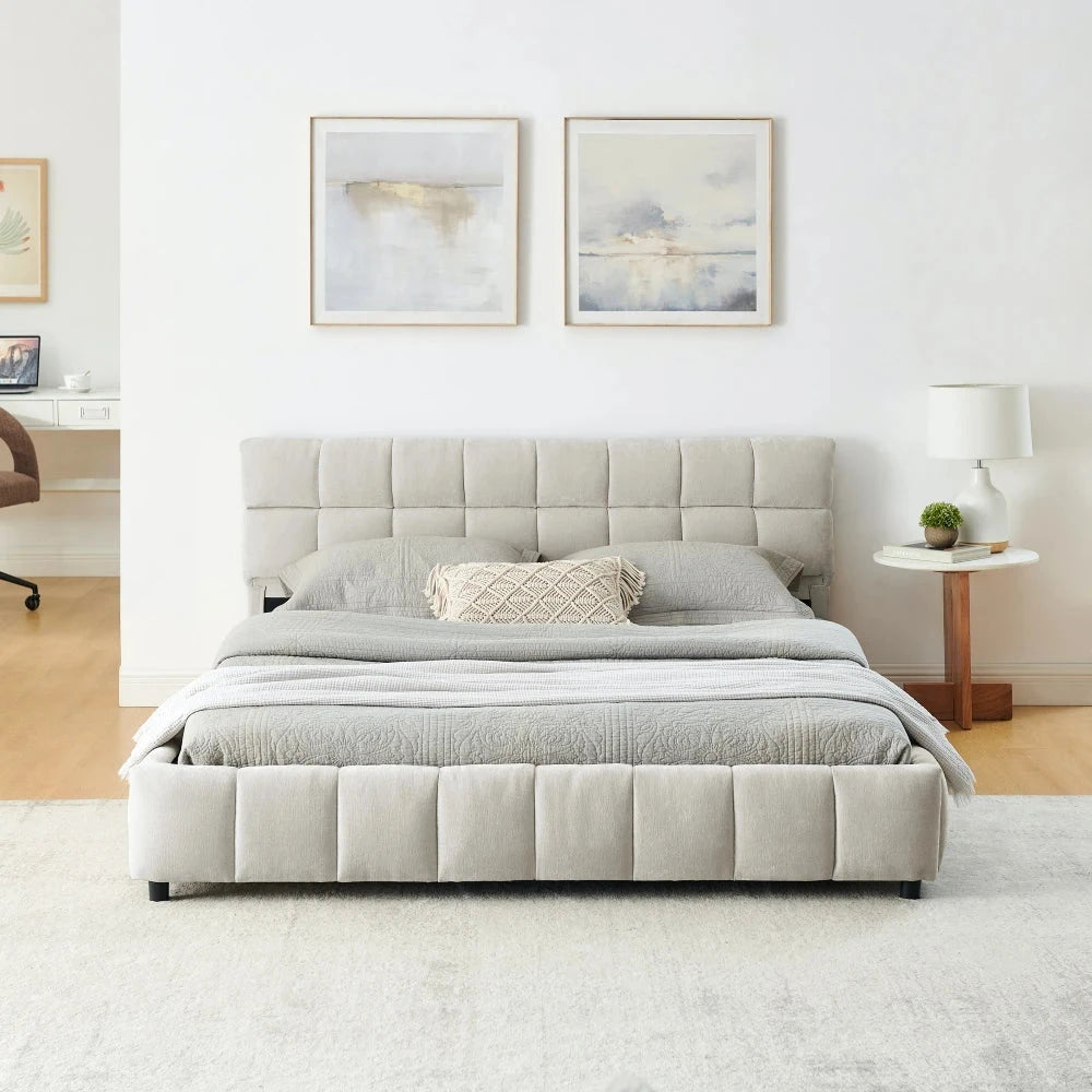 Modern Queen Size Tufted Headboard Platform Bed Frame with Wooden Storage Drawer Soft Chenille Upholstered Bedroom Bed Good Vibrations