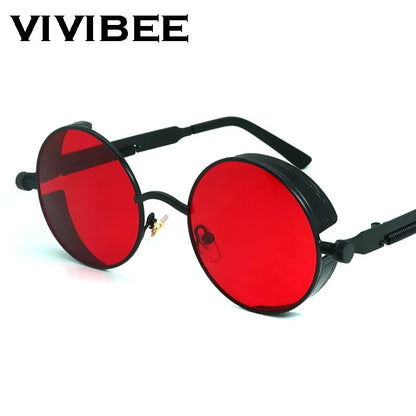 VIVIBEE Vintage Steampunk Red Sunglasses Men Round Punk Alloy Metal Retro Sun Glasses Women 2025 Goggles Gothic Style Shades Good Vibrations