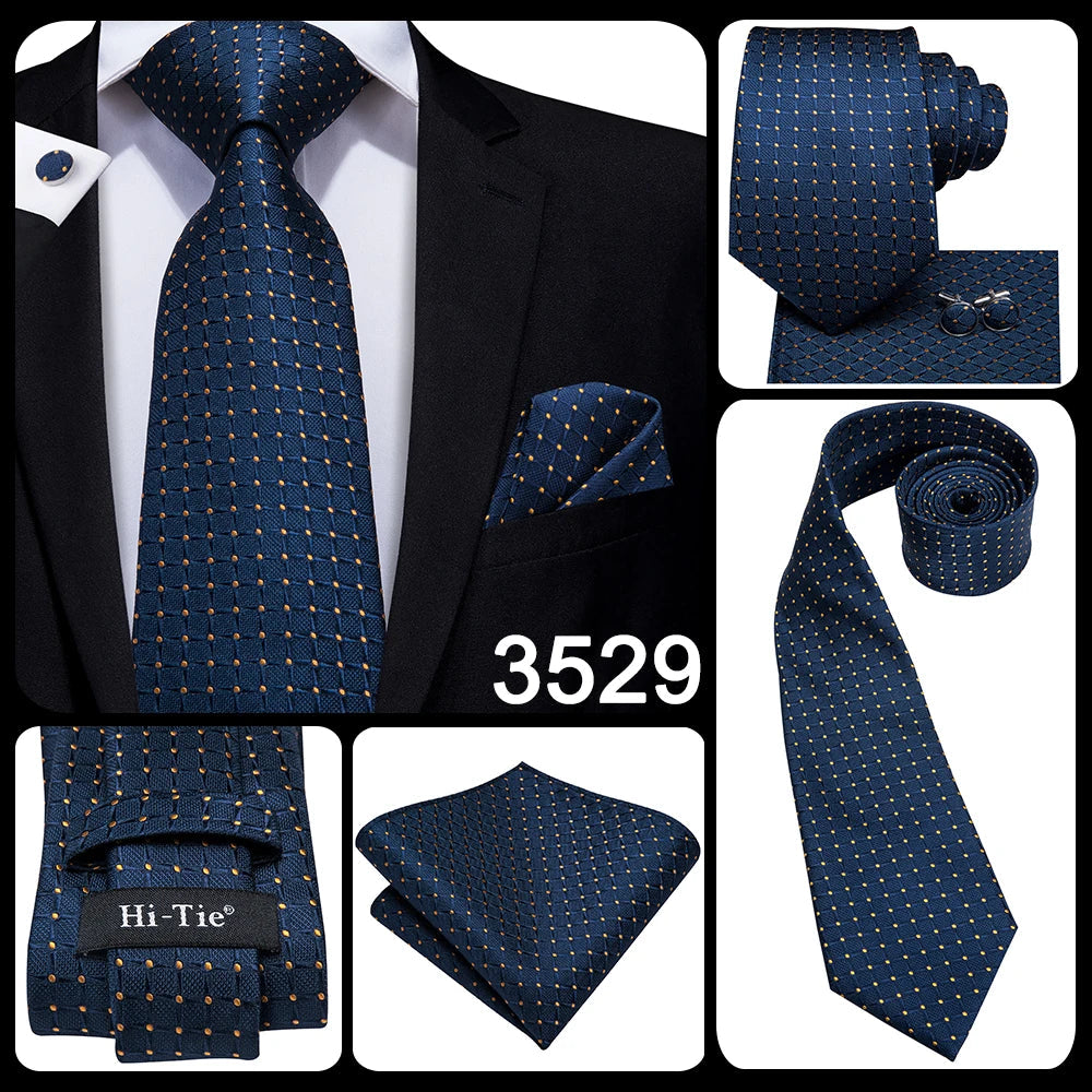 Hi-Tie Navy Blue Solid Paisley Silk Wedding Tie For Men Hanky Cufflink Mens Necktie Set Business Party New Design Dropshipping Good Vibrations