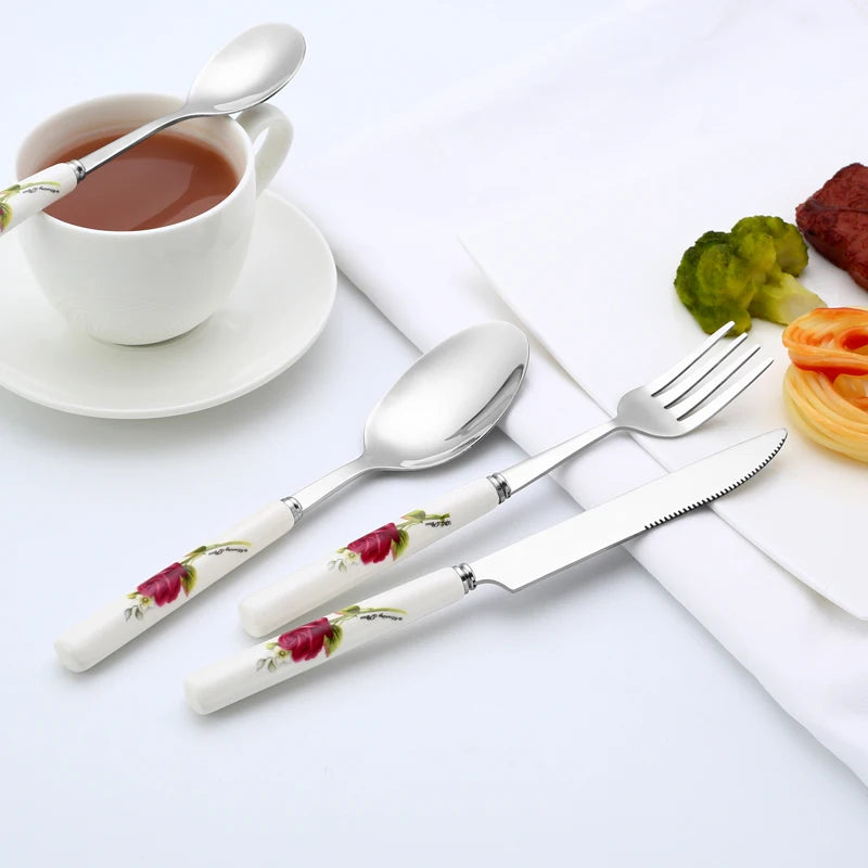 Ceramic Handle Tableware Set Stainless Steel Cutlery Set Steak Knife Fork Coffee Spoon Dessert Dinnerware Rose Flowers Pattern Good Vibrations