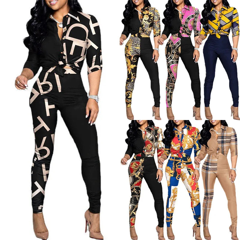 Wholesale Two Piece Set Women Outfits Office Ladies Long Sleeve Print Shirt and Long Pants 2 Piece Casual Pants Set Good Vibrations