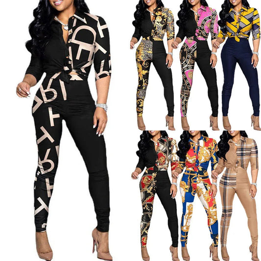 Wholesale Two Piece Set Women Outfits Office Ladies Long Sleeve Print Shirt and Long Pants 2 Piece Casual Pants Set Good Vibrations