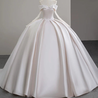 Luxury Satin Wedding Dress Court Train Elegant Boat Neck Princess Wedding Gown Plus Size Custom Made Sfy42