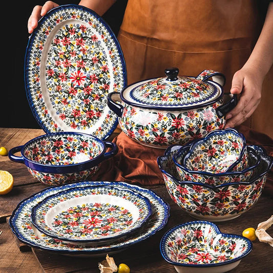 LingAo     Ceramic noodle bowl, double-ear bowl, plate tableware set Good Vibrations