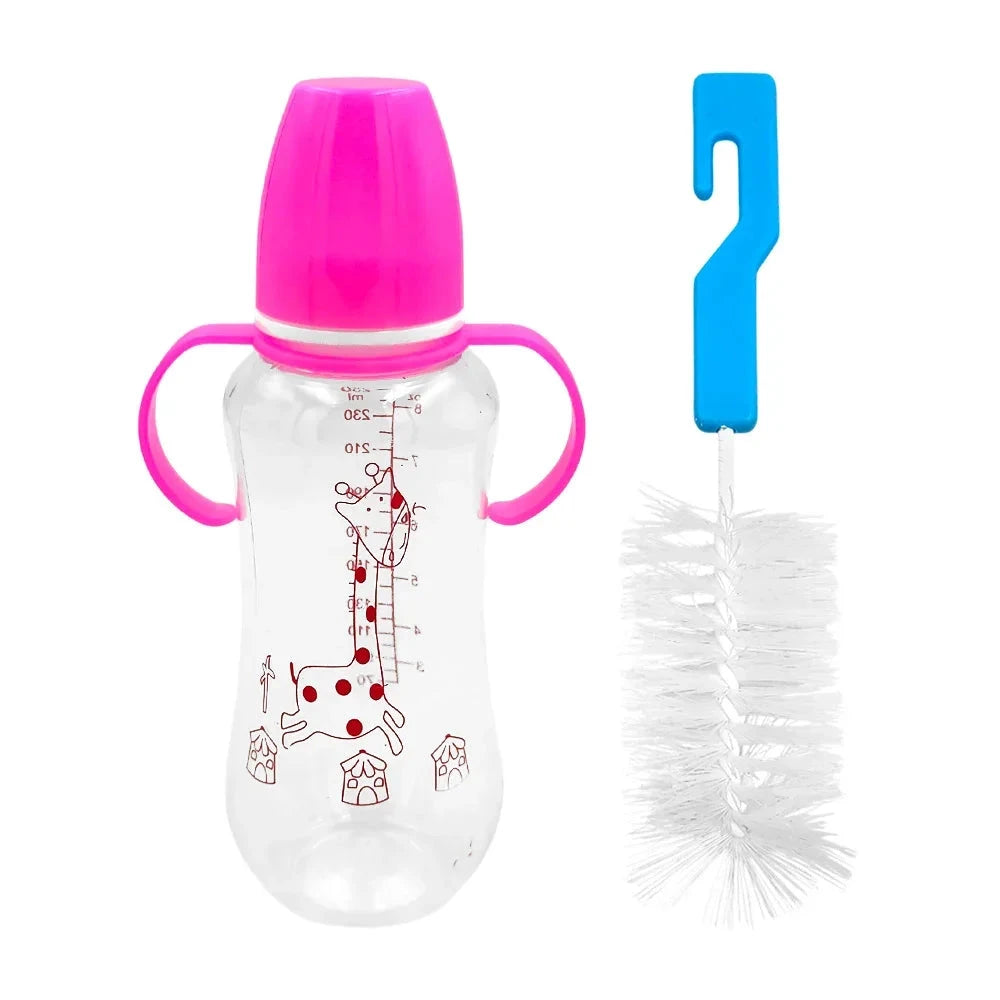 GDL Manual 250ml Plastic Baby Bottle with Plastic Bristle Brush Variety of Colors and Prints Water Flowing Through Nipple Good Vibrations