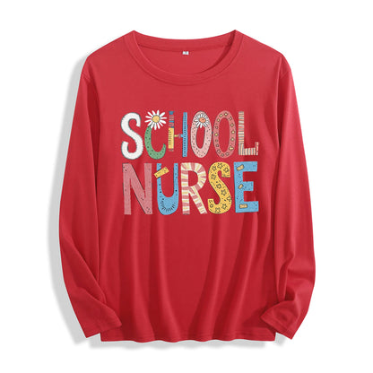 100% Cotton "School Nurse Colorful Patchwork Graphic" Long - Sleeve T - Shirt, Multi - Colors Good Vibrations