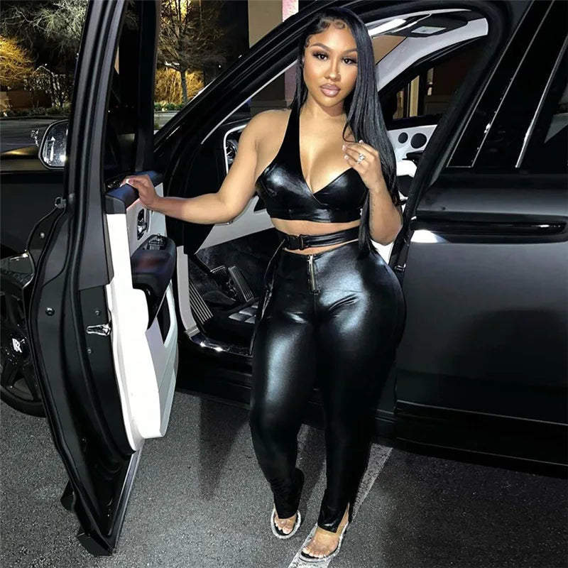 WY7658 New Arrivals Pu Leather Bandage Tops Flare Pant Set Women Outfits Two Piece Pant Set Good Vibrations