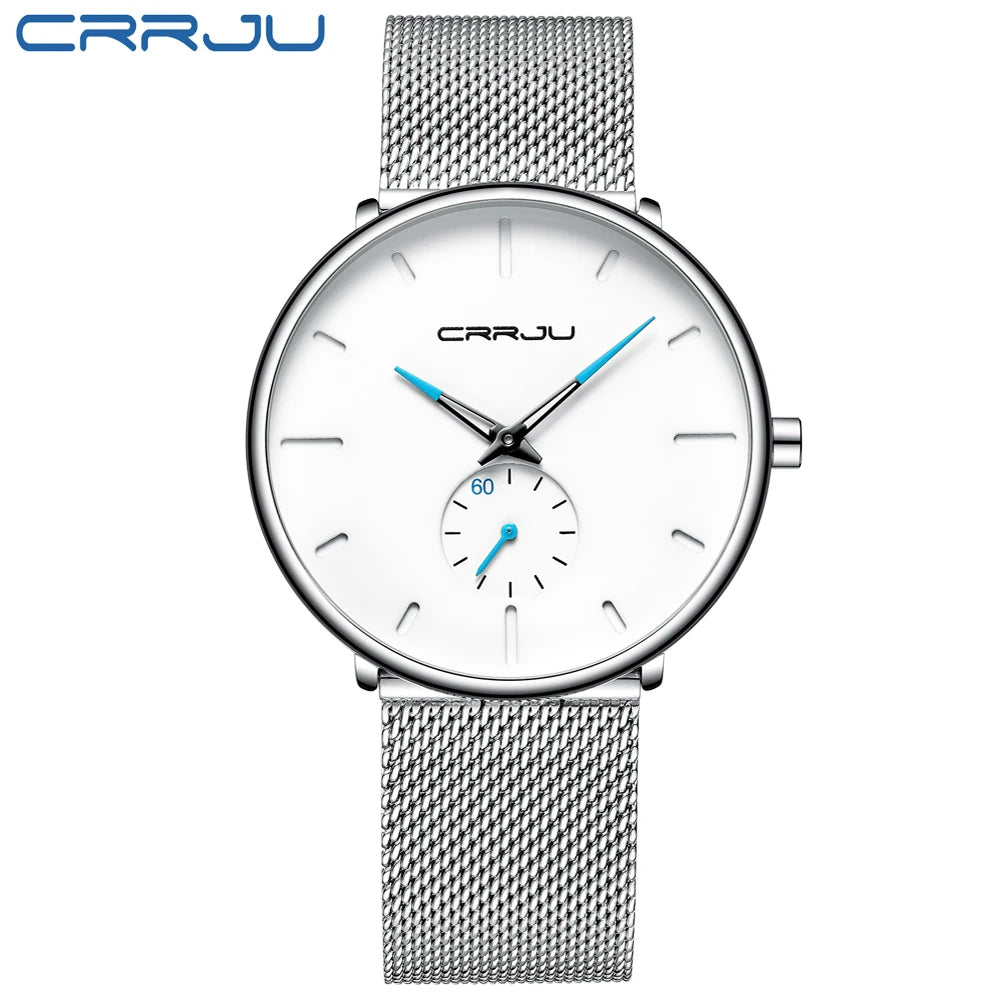 CRRJU New Watches Mens 2019 Man Fashion Simple Stainless Steel Blue Thin Watch For Men Luxury Casual Waterproof Quartz Clock Good Vibrations