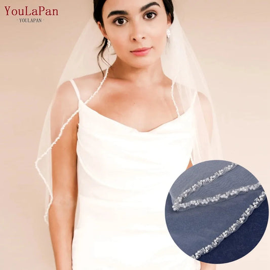 YouLaPan V175 R Fashion Bridal Beaded Veil Fingertips Long Crystal Pearl Trim Short Single Layer Veil Ivory Church Wedding Veil Good Vibrations