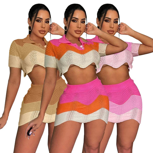 Knit Color Blocking Two Pieces Set Crop Top Mini Skirt Outfit Party Casual Women Set Good Vibrations