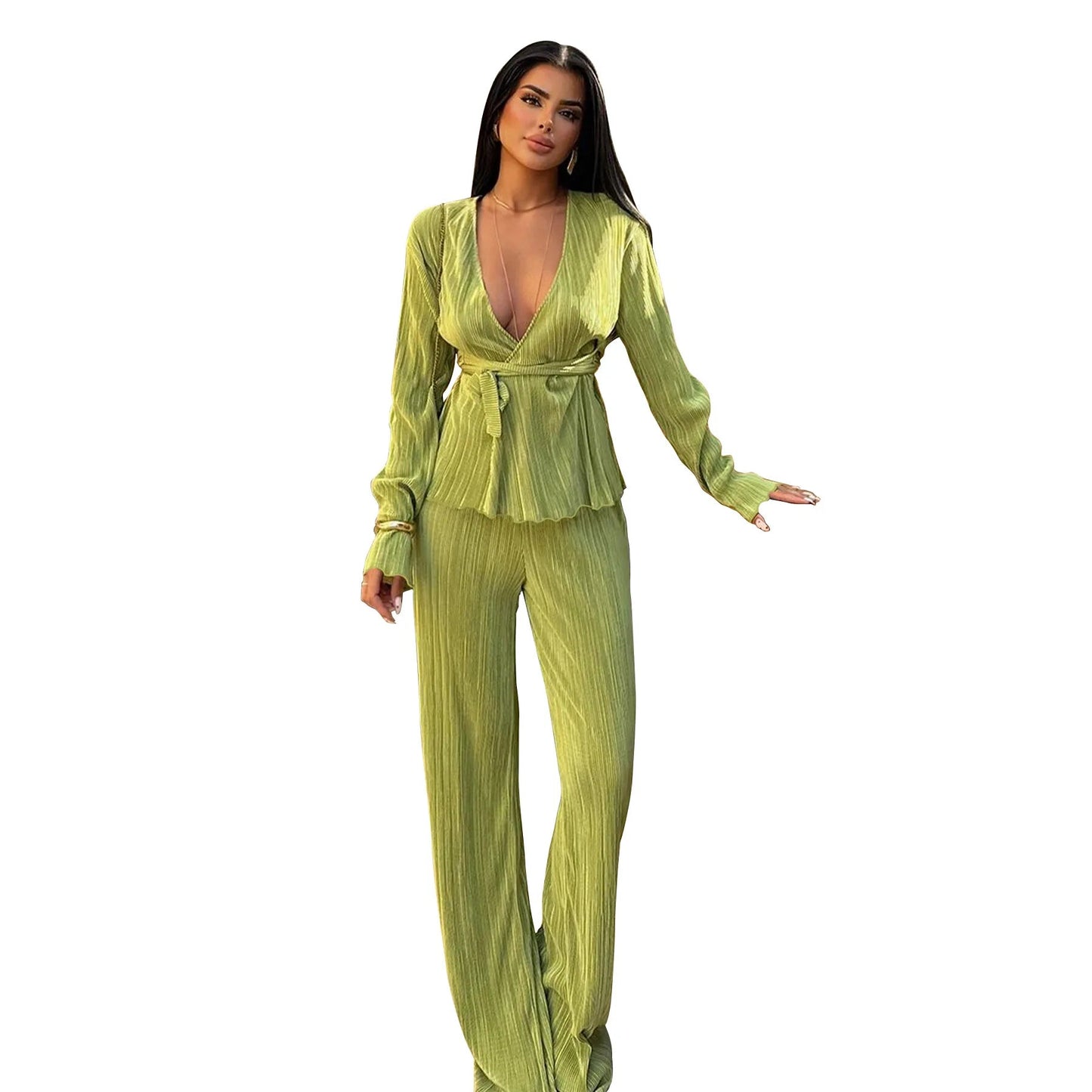 K10781 Factory Wholesale Women's Clothing V-neck Long Sleeve Cardigan Autumn and Winter Leisure Two-Piece Set Good Vibrations