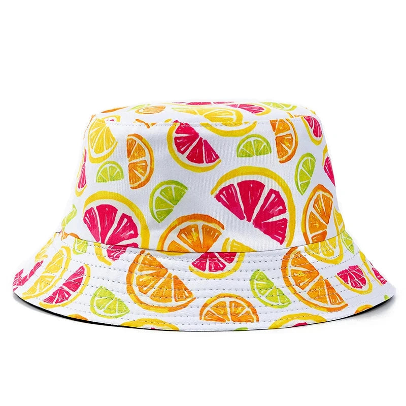 Hot Sale Unisex Bucket Hats Summer Double-sided Wear Fruit Printing Women Cap Outdoor Sun Hat Men Classic Panama Bucket Hat Good Vibrations