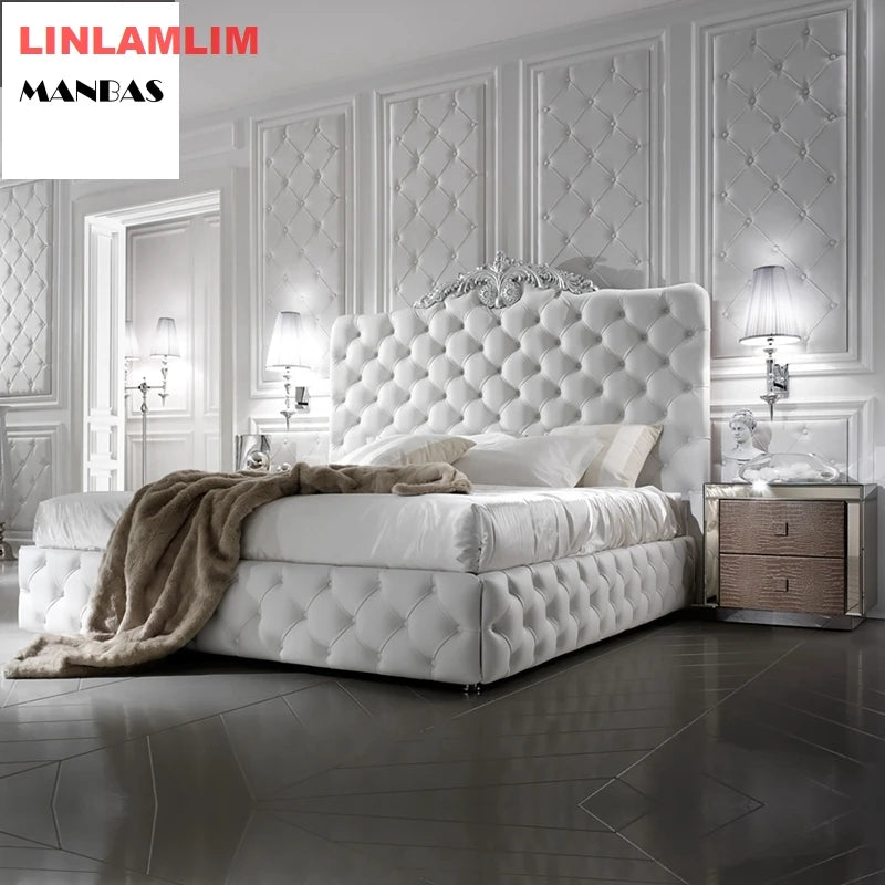 rectangle bed frame camas кровать двуспальная cama Genuine Leather BED سرير lit camara beds solid wooden carved leather buttons Good Vibrations