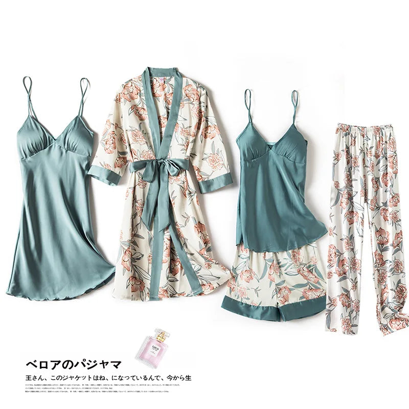 Pajamas for Women Pijama Mujer 4 Piece Set Sexy Ladies Pyjama Sleepwear Women Pajama Sets Sleep Lounge with Chest Pads Home Wear Good Vibrations