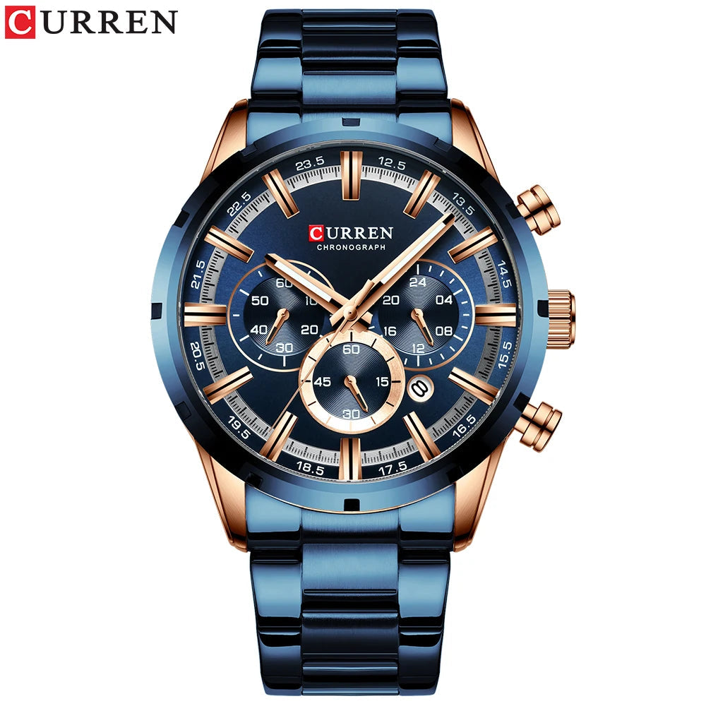 Curren Men's Watch Blue Dial Stainless Steel Band Date Mens Business Male Watches Waterproof Luxuries Men Wrist Watches for Men Good Vibrations
