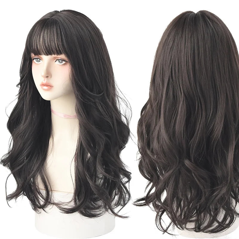 7JHHWIGS Long Wavy Synthetic Black Wigs For Women With Fringe Fashion Heat Resistant Mid-Length Daily Straight Light Brown Hair Good Vibrations