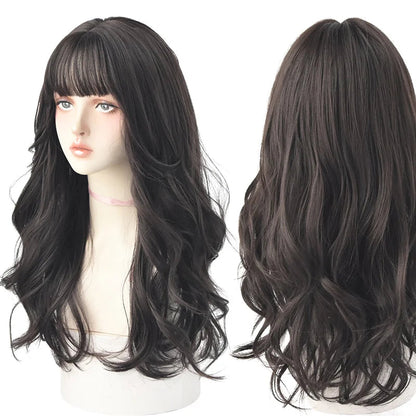 7JHHWIGS Long Wavy Synthetic Black Wigs For Women With Fringe Fashion Heat Resistant Mid-Length Daily Straight Light Brown Hair Good Vibrations