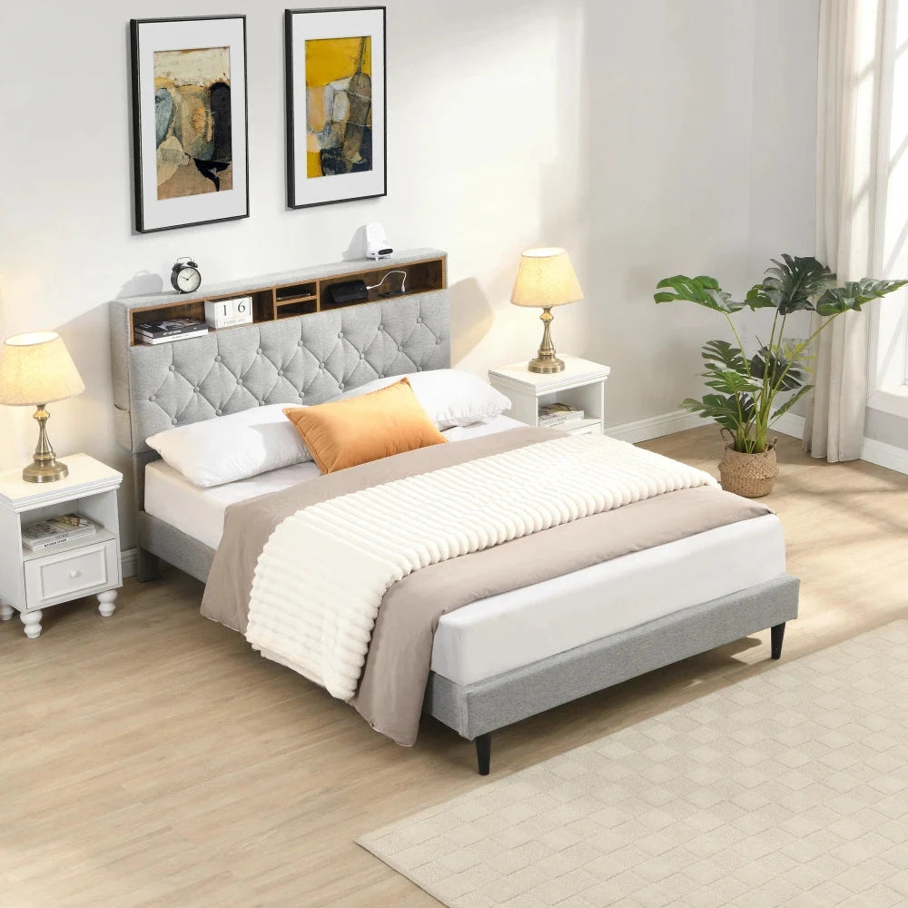 Queen-Size Upholstered Platform Bed Frame with a Modern Button-Tufted Linen Fabric Headboard,USB Ports Good Vibrations
