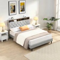 Queen-Size Upholstered Platform Bed Frame with a Modern Button-Tufted Linen Fabric Headboard,USB Ports Good Vibrations