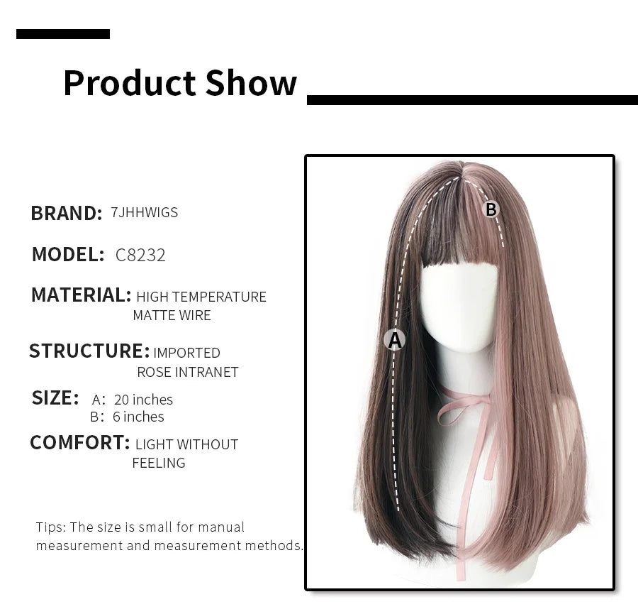 7JHHWIGS Long Wavy Synthetic Black Wigs For Women With Fringe Fashion Heat Resistant Mid-Length Daily Straight Light Brown Hair Good Vibrations