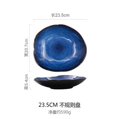 Household Ceramic Dinner Plate European Style Blue Glaze Salad Bowl Irregular Tableware Western Dinner Plate/kitchen Supplies Good Vibrations