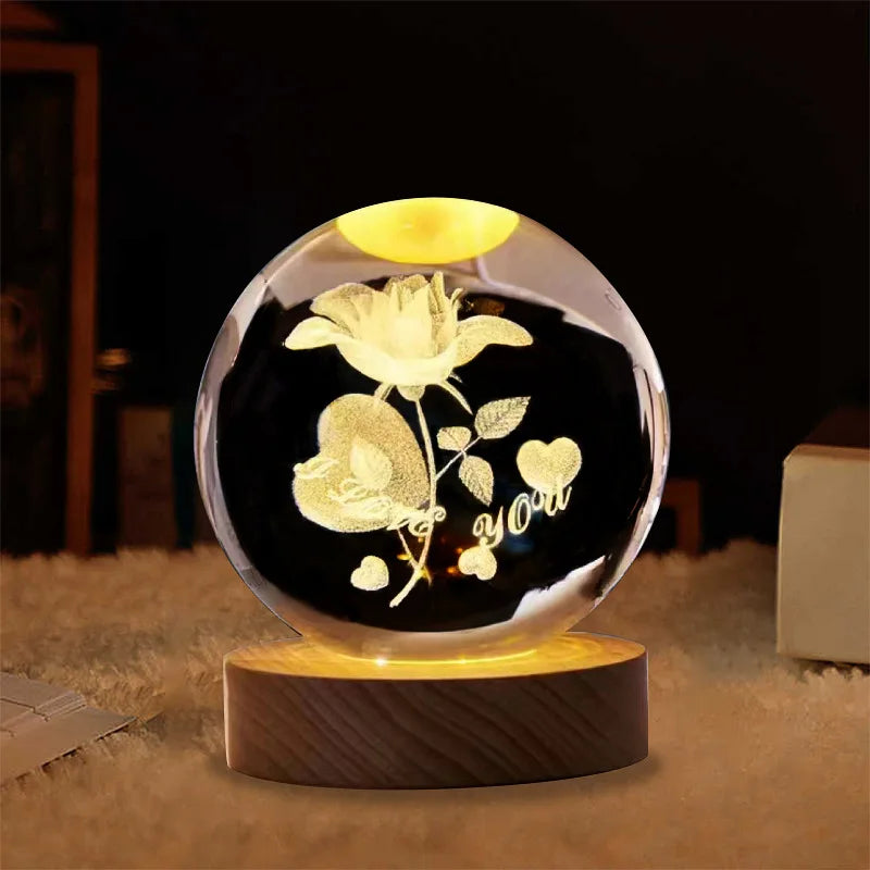 Gift Custom 3d Art 6cm Crystal Ball Night Lamp Luminous USB Wood Base Glowing Decoration Solar System Led Night Lights Good Vibrations