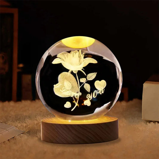 Gift Custom 3d Art 6cm Crystal Ball Night Lamp Luminous USB Wood Base Glowing Decoration Solar System Led Night Lights Good Vibrations