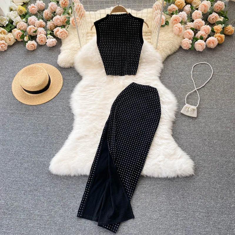 Summer Crop Top Vest Sexy Slit Diamond 2 Piece Two Piece Skirt Sets Women Outfits Good Vibrations