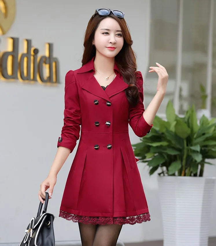 Fashion Double Breasted Windbreaker Spring Autumn Coats Women's Trench Coat Mid-Long Lace Stitching Casual Outerwear Female Good Vibrations
