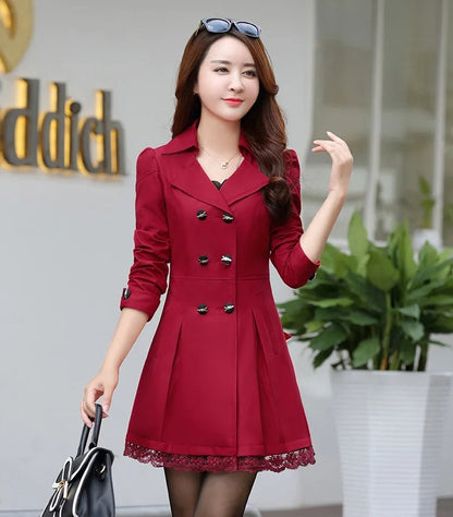 Fashion Double Breasted Windbreaker Spring Autumn Coats Women's Trench Coat Mid-Long Lace Stitching Casual Outerwear Female Good Vibrations