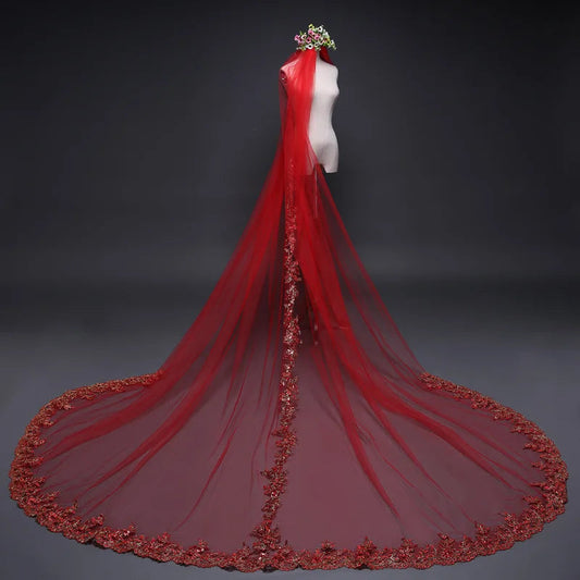 New Arrival Red Bridal Veils Long 3M Cathedral Wedding Veils One -Layer Gold Sequins Lace Applique Bridal Veil With Comb Good Vibrations