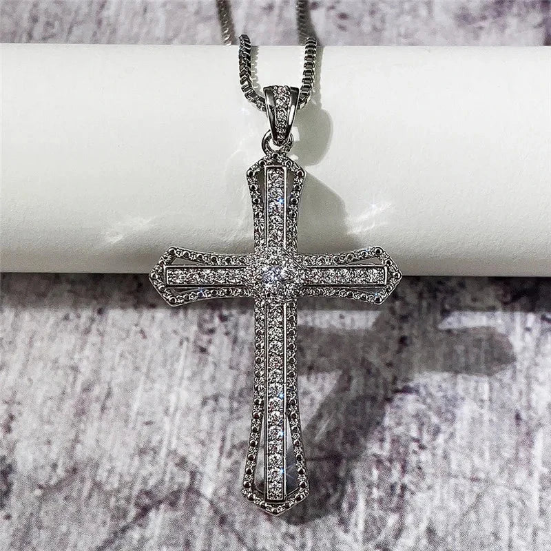 Huitan Hip Hop Cross Necklace for Women with Dazzling CZ Stone Luxury Silver Color Cool Neck Accessories Party Trendy Jewelry Good Vibrations