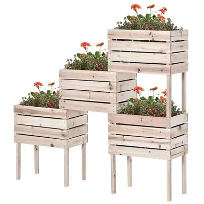4PCS Raised Garden Bed, Wooden Elevated Planter Box Kit with Bed Liner, DIY Shape, for Flowers