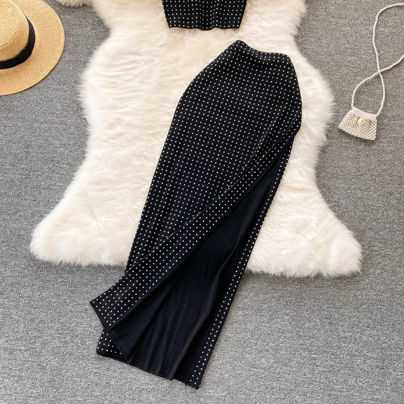 Summer Crop Top Vest Sexy Slit Diamond 2 Piece Two Piece Skirt Sets Women Outfits Good Vibrations