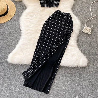 Summer Crop Top Vest Sexy Slit Diamond 2 Piece Two Piece Skirt Sets Women Outfits Good Vibrations