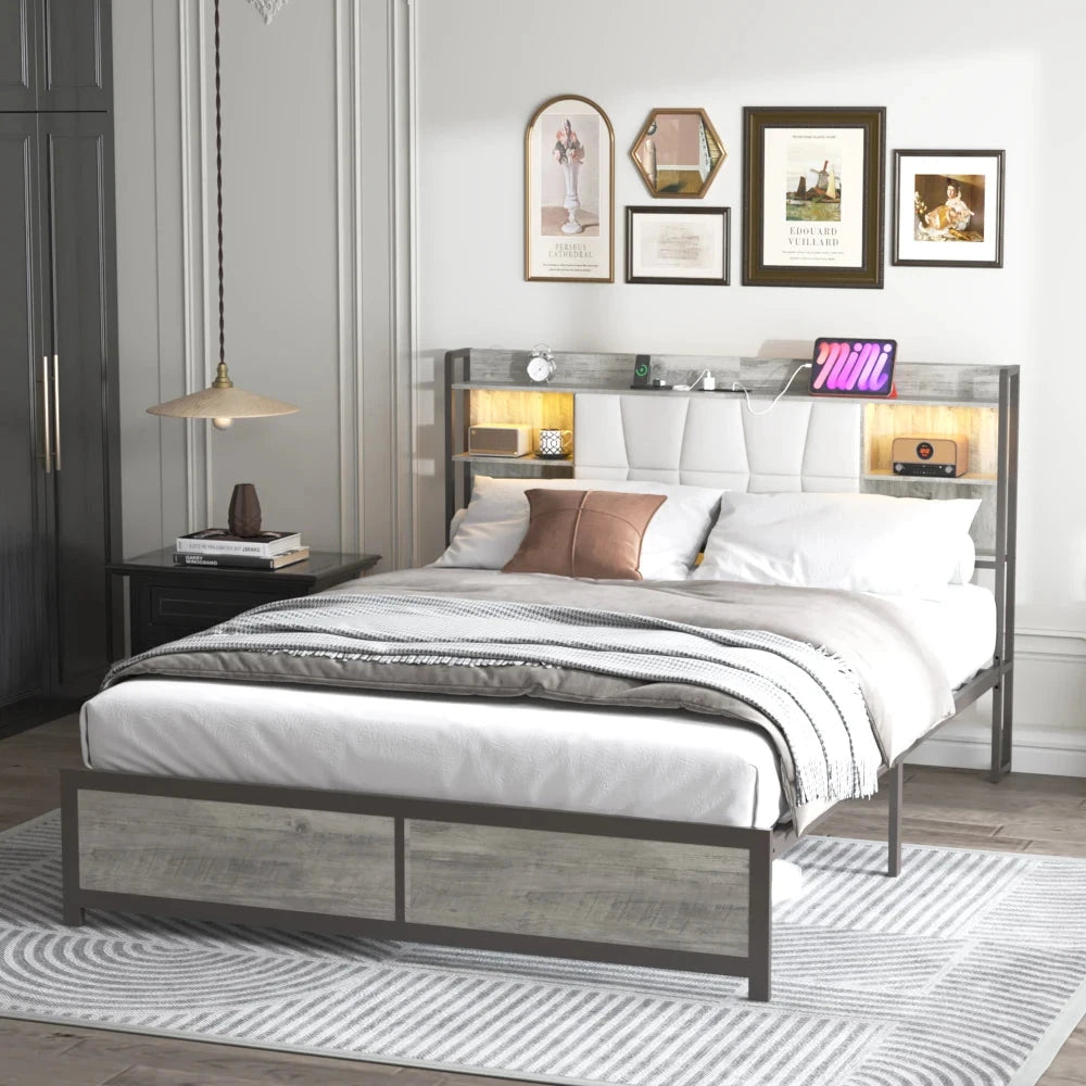 Queen Size Bed Frame with LED Light & Power Outlet, Platform Bed with Upholstered Headboard and Storage Good Vibrations