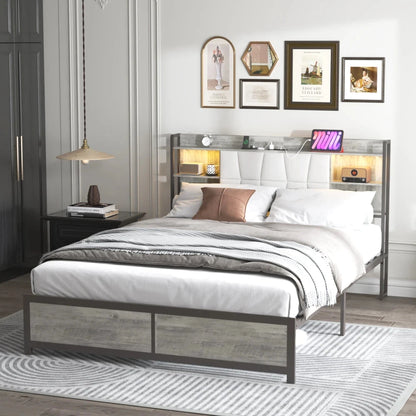 Queen Size Bed Frame with LED Light & Power Outlet, Platform Bed with Upholstered Headboard and Storage Good Vibrations