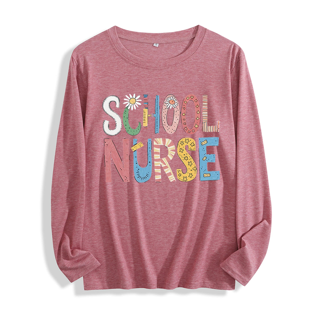 100% Cotton "School Nurse Colorful Patchwork Graphic" Long - Sleeve T - Shirt, Multi - Colors Good Vibrations