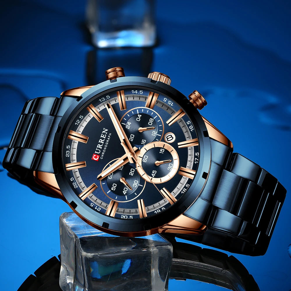 Curren Men's Watch Blue Dial Stainless Steel Band Date Mens Business Male Watches Waterproof Luxuries Men Wrist Watches for Men Good Vibrations