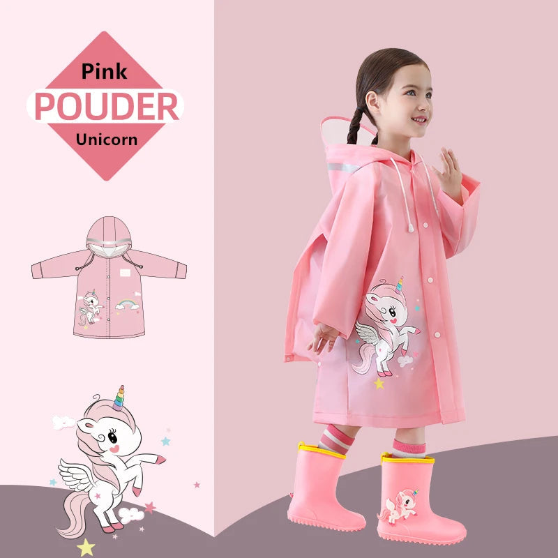 Cute Kids Raincoat Wateproof Children Dinosaur Unicorn Rain Poncho Rain Coat Jacket With Backpack Position Student RainWear Good Vibrations