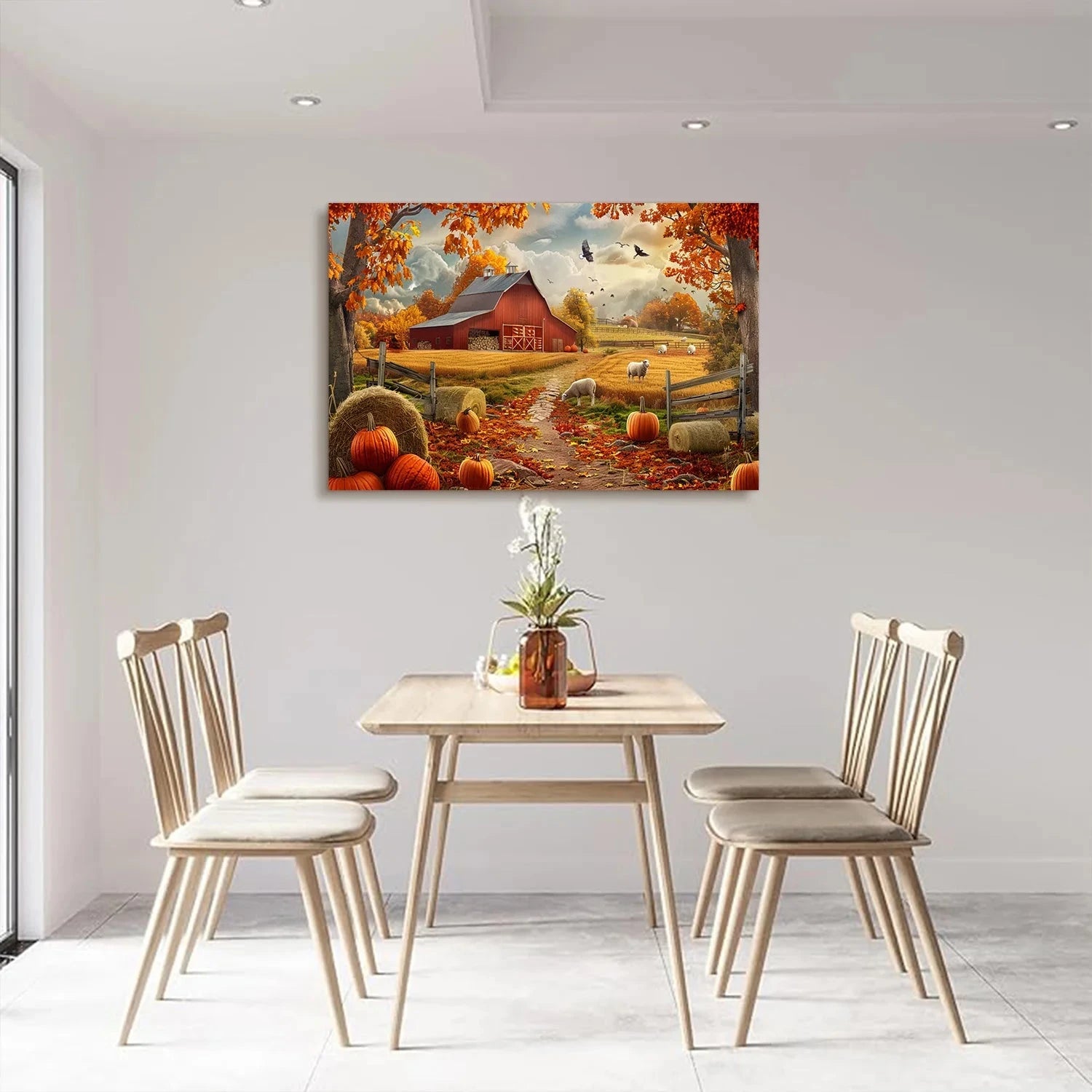 Looife Autumn Farmhouse Canvas Wall Art - Red Barn, Pumpkins & Fall Foliage Scene, Rustic Country Home Decor Good Vibrations