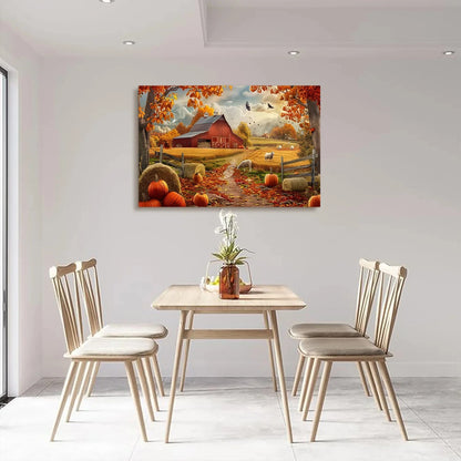 Looife Autumn Farmhouse Canvas Wall Art - Red Barn, Pumpkins & Fall Foliage Scene, Rustic Country Home Decor Good Vibrations