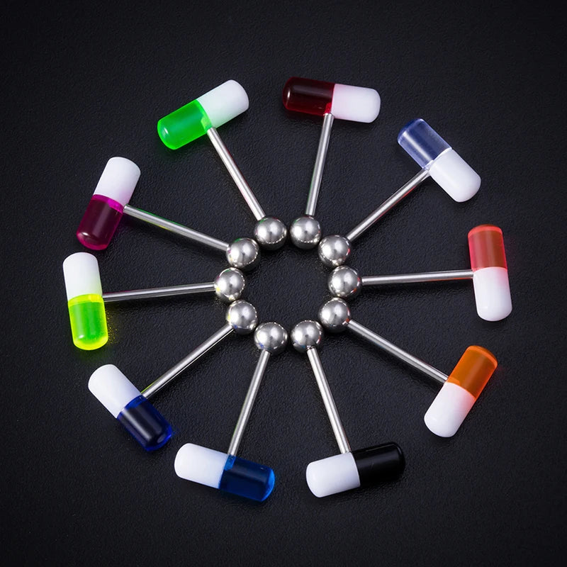 1-10 Pieces Colorful Capsule Tongue Rings Acrylic Pill Tongue Piercing Jewelry Women Surgical Steel Tongue Ring Bars Barbell 14G Good Vibrations